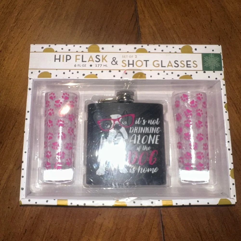 Dog-Themed Black Hip Flask and Pink Shot Glass Set
